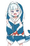  1girl blue_eyes blue_hair blue_hoodie blush cowboy_shot fish_tail gawr_gura hands_up highres hololive hololive_english hood hood_up hoodie long_sleeves looking_at_viewer open_mouth shark_tail sharp_teeth simple_background sketch standing tail teeth utsusumi_kio white_background 