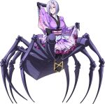  1girl arachne arm_behind_head arthropod_girl artist_request bangs breasts carapace claws extra_eyes full_body hair_between_eyes japanese_clothes kimono large_breasts monster_girl monster_musume_no_iru_nichijou monster_musume_no_iru_nichijou_online multiple_legs obi official_alternate_costume official_art purple_hair purple_kimono rachnera_arachnera red_eyes sash short_hair smile solo spider_girl taur transparent_background 