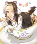  1girl bangs black_dress black_hair butterfly_hair_ornament cup dress fingernails hair_ornament highres kimetsu_no_yaiba kochou_shinobu lips mikuroron multicolored_hair own_hands_together parted_bangs purple_hair saucer shirt sidelocks solo teacup two-tone_hair violet_eyes white_background white_shirt 