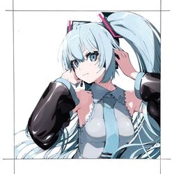  1girl aqua_eyes aqua_hair bangs bare_shoulders detached_sleeves hair_ornament hands_on_headwear hatsune_miku highres long_hair necktie simple_background suzukou twintails very_long_hair vocaloid 