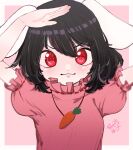  1girl absurdres animal_ears black_hair border carrot_necklace closed_mouth commentary eyebrows_visible_through_hair hair_between_eyes highres inaba_tewi looking_at_viewer medium_hair nukojinuko puffy_short_sleeves puffy_sleeves rabbit_ears rabbit_girl red_eyes salute short_sleeves signature simple_background solo touhou upper_body v-shaped_eyebrows wavy_mouth white_border 