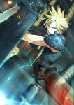  absurdres belt black_belt black_sweater blonde_hair buster_sword cloud_strife final_fantasy final_fantasy_vii glowing ground_vehicle hair_behind_ear headlight highres holding holding_sword holding_weapon male_focus motion_blur motor_vehicle motorcycle nemoto_yuuma open_mouth ribbed_sweater sleeveless sleeveless_sweater sweater sword v-shaped_eyebrows weapon 
