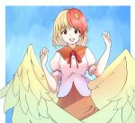 1girl animal_on_head bird bird_on_head bird_tail bird_wings blonde_hair blue_background border breasts chick commentary_request covered_navel dress eyebrows_visible_through_hair feathered_wings multicolored_hair niwatari_kutaka on_head open_mouth orange_dress puffy_short_sleeves puffy_sleeves red_eyes redhead shirt short_sleeves simple_background small_breasts tail teeth touhou two-tone_hair upper_body upper_teeth white_border white_shirt wings yagoro_kusuriya yellow_wings 