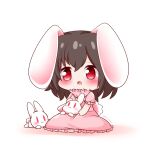  1girl :3 :o animal animal_ears artist_name black_hair blush carrot_necklace chibi child closed_mouth commentary_request eyebrows_visible_through_hair hair_between_eyes holding inaba_tewi open_mouth puffy_short_sleeves puffy_sleeves rabbit rabbit_ears rabbit_girl rabbit_tail red_eyes short_sleeves sitting solo tail touhou yairenko |_| 