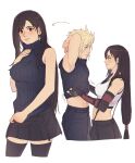  1boy 1girl abs bare_shoulders black_hair black_legwear black_skirt blonde_hair blue_eyes blush breasts cloud_strife couple crop_top detached_sleeves earrings final_fantasy final_fantasy_vii final_fantasy_vii_remake fingerless_gloves gloves highres jewelry large_breasts long_hair low-tied_long_hair midriff perlmuttt red_eyes skirt sleeveless sleeveless_turtleneck spiky_hair suspender_skirt suspenders tank_top thigh-highs tifa_lockhart turtleneck undressing white_background zettai_ryouiki 