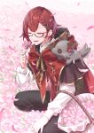  1boy absurdres basket black_pants brown_capelet capelet cloak closed_eyes collared_shirt flower glasses hair_behind_ear hanasaki_miyabi highres holostars hood hooded_cloak male_focus nemoto_yuuma pants pink_flower red_cloak redhead shirt smile solo squatting virtual_youtuber white_shirt 