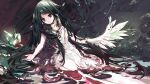  1girl bangs black_hair closed_mouth commentary_request dress feathered_wings gem gradient_hair green_eyes green_hair lillin long_hair multicolored_hair saya_(saya_no_uta) saya_no_uta sitting sleeveless sleeveless_dress solo torn_clothes torn_dress very_long_hair wings 