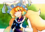  1girl animal_ears blonde_hair blush eyebrows_visible_through_hair fox_ears fox_tail hair_between_eyes hands_in_opposite_sleeves hat highres multiple_tails one_eye_closed open_mouth pillow_hat qqqrinkappp short_hair sleeves_past_fingers sleeves_past_wrists smile solo tabard tail touhou traditional_media upper_body white_headwear yakumo_ran yellow_eyes 