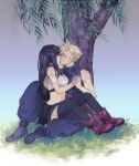  1boy 1girl bare_arms bare_shoulders black_footwear black_hair black_legwear black_skirt blonde_hair boots breasts closed_eyes cloud_strife couple crop_top final_fantasy final_fantasy_vii final_fantasy_vii_remake full_body grass hand_on_another&#039;s_back heart holding_hands kiss large_breasts leaf long_hair low-tied_long_hair midriff navel perlmuttt red_footwear sitting sitting_on_lap sitting_on_person skirt sleeveless sleeveless_turtleneck spiky_hair suspender_skirt suspenders tank_top thigh-highs tifa_lockhart tree turtleneck 