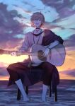  1boy absurdres black_choker black_pants brown_sweater choker clouds collarbone highres holostars instrument jewelry male_focus music necklace nemoto_yuuma open_mouth pants pink_hair playing_instrument rikka_(holostars) sitting sky smile solo sunrise sweater virtual_youtuber water 