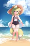  1girl :o animal_ear_fluff animal_ears black_swimsuit blue_eyes blue_sky clouds commentary_request day done_(donezumi) full_body green_hair hat highres looking_at_viewer ocean one-piece_swimsuit original outdoors sand short_hair sky solo standing straw_hat swimsuit tail 