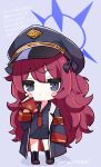  1girl armband artist_name black_shirt blue_archive blush_stickers book chibi halo hat highres iroha_(blue_archive) jacket looking_at_viewer military military_hat military_uniform natori_sana_(artist) necktie purple_background red_necktie redhead shirt simple_background solo thighs translation_request twitter_username uniform 