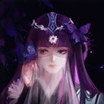  1girl absurdres black_background bug butterfly hair_ornament hand_up highres long_hair looking_to_the_side purple_hair qin_shi_ming_yue shao_siming_(qin_shi_ming_yue) shao_siming_guang_wei solo upper_body veil 