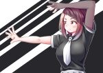  1girl absurdres bangs black_shirt blush boku_no_hero_academia breasts brown_eyes brown_hair closed_mouth daichi_(hayate1328) highres large_breasts necktie shirt short_hair simple_background skirt striped striped_background uraraka_ochako white_necktie 