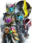  3boys absurdres blue_eyes book clenched_hand driver_(kamen_rider) fusion gold_armor green_armor highres kamen_rider kamen_rider_geiz kamen_rider_woz kamen_rider_zi-o kamen_rider_zi-o_(series) kamen_rider_zi-o_trinity looking_at_viewer male_focus mask multiple_boys open_hand pink_eyes red_armor rider_belt trinity_riderwatch weapon white_background yellow_eyes yygnzm ziku_driver 