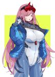 1girl blue_bodysuit blue_jacket bodysuit breasts citron80citron eyewear_on_head girls_frontline headset highres jacket large_breasts long_hair long_sleeves mole mole_under_eye open_clothes open_jacket pilot_suit pink_hair red_eyes sig_mcx_(crimson_meteor)_(girls&#039;_frontline) sig_mcx_(girls&#039;_frontline) solo very_long_hair 
