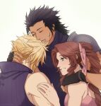  1girl 2boys aerith_gainsborough arm_around_shoulder armor bangs black_hair blonde_hair blue_shirt braid braided_ponytail brown_hair closed_eyes cloud_strife dress final_fantasy final_fantasy_vii final_fantasy_vii_remake fingerless_gloves gloves green_eyes hair_ribbon hand_on_another&#039;s_arm hand_on_another&#039;s_neck highres multiple_boys open_mouth parted_bangs pink_dress ribbon ruebird ruebirds scar scar_on_cheek scar_on_face shirt shoulder_armor sideburns sidelocks sleeveless sleeveless_turtleneck smile spiky_hair turtleneck upper_body wavy_hair white_background zack_fair 