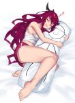  1girl absurdres ass bangs barefoot blush breasts closed_eyes dakimakura_(object) dasdokter feet full_body highres hololive hololive_english horns irys_(hololive) long_hair lying medium_breasts midriff multicolored_hair object_hug on_side pillow pointy_ears red_shorts redhead short_shorts shorts sideboob signature sleeping solo stick_figure tank_top thighs toes two-tone_hair very_long_hair white_tank_top 