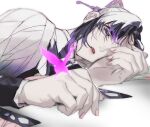  1girl bangs black_hair bug butterfly butterfly_hair_ornament covering_one_eye fingernails hair_between_eyes hair_ornament hand_focus kimetsu_no_yaiba kochou_shinobu lips lying mikuroron multicolored_hair on_side parted_bangs purple_butterfly purple_hair sidelocks solo two-tone_hair upper_body violet_eyes white_background 