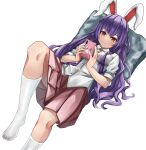  1girl animal_ears bangs blush breasts cellphone eyebrows_visible_through_hair foot_out_of_frame hair_between_eyes highres holding kneehighs long_hair looking_at_phone lying miniskirt necktie no_shoes on_back phone pink_skirt pleated_skirt purple_hair rabbit_ears ramiki red_eyes reisen_udongein_inaba shirt short_sleeves skirt smartphone smile socks solo touhou very_long_hair white_background white_legwear white_shirt 