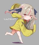  absurdres barefoot black_ribbon blush cosplay grey_background grey_hair hair_ribbon highres hood hood_down little_nightmares long_sleeves makaino_ririmu nijisanji nome_(little_nightmares) open_mouth orange_eyes panties pink_panties raincoat ribbon running simple_background six_(little_nightmares) six_(little_nightmares)_(cosplay) sleeves_past_fingers sleeves_past_wrists sweat sweating_profusely tears twintails underwear utsusumi_kio wide-eyed 