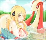  1girl bangs bare_shoulders bikini blonde_hair breasts bush clouds cynthia_(pokemon) eyebrows_visible_through_hair grey_eyes hair_ornament hair_over_one_eye highres looking_to_the_side medium_breasts milotic nana-sapphy open_mouth partially_submerged pokemon pokemon_(creature) pokemon_(game) pokemon_dppt red_bikini sky sparkle swimsuit twitter_username upper_body water 