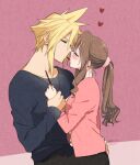  1boy 1girl aerith_gainsborough black_pants black_skirt blonde_hair blush brown_hair casual closed_eyes cloud_strife final_fantasy final_fantasy_vii food grey_shirt hand_on_another&#039;s_hip heart holding_another&#039;s_wrist krudears pants pink_background pink_shirt pocky pocky_kiss ponytail scrunchie shirt sidelocks skirt spiky_hair upper_body 
