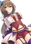  1girl absurdres admire_vega_(umamusume) animal_ears arms_behind_back bangs blush breasts brown_hair choker closed_mouth common_race_outfit_(umamusume) cropped_jacket garter_straps herohero_(higashi_no_dou) highres horse_ears jacket long_hair looking_at_viewer medium_breasts navel pink_eyes purple_legwear red_shorts red_vest shorts simple_background skirt smile solo thigh-highs umamusume vest white_background white_jacket white_skirt 