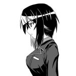  1girl bangs beni_(bluebluesky) closed_mouth commentary dress_shirt expressionless from_side girls_und_panzer greyscale highres jacket kuromorimine_military_uniform looking_to_the_side military military_uniform monochrome nishizumi_maho portrait shirt short_hair solo uniform 