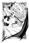  1girl absurdres ascot bat_wings dress eyebrows_visible_through_hair fangs flower framed greyscale hat highres kamenozoki_momomo looking_at_viewer mob_cap monochrome open_mouth puffy_short_sleeves puffy_sleeves remilia_scarlet rose short_hair short_sleeves smile solo touhou wings wrist_cuffs 