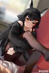  1girl animal_ear_fluff animal_ears bangs bare_shoulders black_hair black_shirt blurry blurry_background brown_eyes brown_legwear closed_mouth dutch_angle eyebrows_visible_through_hair feet_out_of_frame hololive kananote leg_up long_hair multicolored_hair off_shoulder ookami_mio pantyhose redhead shirt sitting solo streaked_hair very_long_hair virtual_youtuber wolf_ears 
