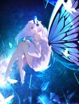  1girl absurdres bangs bare_legs bare_shoulders barefoot blue_eyes blue_sky bug butterfly butterfly_wings hair_ornament highres kiek_qaq knees_to_chest long_hair long_sleeves looking_at_viewer original sky solo star_(sky) starry_sky white_hair wings 