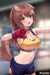  1girl :d animal_ears bangs bare_arms blurry blurry_background blush bone_hair_ornament boxing_gloves breasts brown_eyes brown_hair collar cowboy_shot depth_of_field dog_ears dog_girl dog_tail eyebrows_visible_through_hair hair_ornament hololive inugami_korone kananote long_hair looking_at_viewer medium_breasts midriff navel red_collar revision short_shorts shorts smile solo sports_bra standing tail virtual_youtuber yellow_sports_bra 