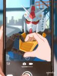  1other cellphone_picture forced_perspective gundam heart heart_hands heart_hands_duo highres holding holding_phone mecha mobile_suit mobile_suit_gundam phone pov rx-78-2 rx-78f00 science_fiction signature twitter_username yatta_kita 