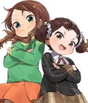  2girls :d becky_blackbell black_hair brown_eyes brown_hair child closed_mouth commentary crossed_arms crossover eden_academy_uniform forehead green_eyes green_shirt hakoneko_(marisa19899200) highres katou_emiri kobayashi-san_chi_no_maidragon long_sleeves looking_at_viewer multiple_girls open_mouth red_skirt red_tie saikawa_riko shirt skirt smile spy_x_family twintails voice_actor_connection 