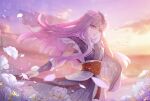  1girl absurdres asymmetrical_sleeves clouds dawn flower hand_in_own_hair highres light long_hair looking_at_viewer qin_shi_ming_yue qin_shi_ming_yue_shao_siming_zhuye shao_siming_(qin_shi_ming_yue) sparkle veil violet_eyes 