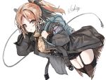  1girl arknights black_legwear commentary_request eyebrows_visible_through_hair feather_hair garter_straps jacket long_hair looking_at_viewer mole mole_under_eye nail_gun orange_hair pinecone_(arknights) ponytail simple_background solo sweater thigh-highs usuki_(graygreed) white_background 