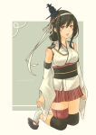  1girl bare_shoulders black_hair blush breasts detached_sleeves eyebrows_visible_through_hair floral_print gradient gradient_background hair_ornament hair_ribbon highres japanese_clothes kantai_collection large_breasts nontraditional_miko pot_de_dougin red_eyes remodel_(kantai_collection) ribbon short_hair signature solo upper_body wide_sleeves yamashiro_(kancolle) yamashiro_(kantai_collection) 