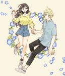  1boy 1girl bare_shoulders black_hair blonde_hair blouse blue_eyes breasts casual cloud_strife couple earrings final_fantasy final_fantasy_vii final_fantasy_vii_remake floral_background full_body happy highres holding_hands jewelry large_breasts legs long_hair pants red_eyes shirt shoes shorts shouyu_(soysoy) socks spiky_hair tifa_lockhart white_footwear 