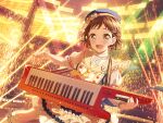 bang_dream! brown_eyes brown_hair dress glowstick hazawa_tsugumi holding_instrument keyboard_(instrument) official_art short_hair smile stage
