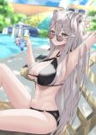  1girl :d absurdres ahoge animal_ears armpits bangs breasts grey_eyes grey_hair hair_between_eyes highres hololive kingudejii large_breasts legs lion_ears lion_girl long_hair looking_at_viewer nail_polish narrow_waist open_mouth shishiro_botan sitting smile solo sunglasses swimsuit virtual_youtuber 