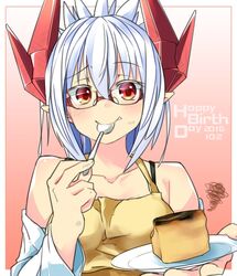  1girl apron black_bra bra bra_strap breasts burnt_food cake cake_slice demon_girl demon_horns eating eyebrows eyebrows_visible_through_hair fang food glasses happy_birthday horns large_breasts long_hair lorem_(mazohaha) musuko_ga_kawaikute_shikatanai_mazoku_no_hahaoya mutsuki_nekohachi october outside_border plate pointy_ears ponytail red-framed_eyewear red_eyes red_horns shirt underwear upper_body white_hair white_shirt yellow_apron 