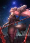  1girl absurdres aomaru_(shta-chu-jisuiai) armor ass back bangs bodysuit breasts fate/grand_order fate_(series) gae_bolg_(fate) hair_between_eyes highres large_breasts long_hair looking_at_viewer looking_back night night_sky pauldrons polearm purple_bodysuit purple_hair red_eyes scathach_(fate) shoulder_armor sky solo spear star_(sky) starry_sky thighs veil weapon wind wind_lift 