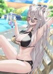  1girl :d absurdres ahoge animal_ears armpits bangs breasts grey_eyes grey_hair hair_between_eyes highres hololive kingudejii large_breasts legs lion_ears lion_girl long_hair looking_at_viewer nail_polish narrow_waist open_mouth shishiro_botan sitting smile solo sunglasses swimsuit symbol-only_commentary virtual_youtuber 