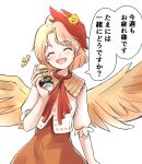  1girl :d ^_^ animal_on_head bird bird_on_head bird_wings blonde_hair can chick closed_eyes commentary_request dress eyebrows_visible_through_hair eyelashes feathered_wings happy head_tilt highres holding holding_can kachuten multicolored_hair neckerchief niwatari_kutaka on_head open_mouth orange_dress puffy_short_sleeves puffy_sleeves red_neckerchief redhead shirt short_hair short_sleeves smile soda_can speech_bubble touhou translation_request two-tone_hair upper_body white_shirt wings yellow_wings 
