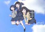  3girls :d backpack bag black_eyes black_hair blue_eyes blush bob_cut brown_eyes commentary eniwa_shii jumping kirara_jump koguma_(super_cub) long_hair maruyo medium_hair multiple_girls necktie reiko_(super_cub) school_bag school_uniform seiza short_hair sitting sky smile super_cub 