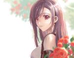  1girl artist_name bare_shoulders blurry blurry_background blurry_foreground blush breasts brown_hair crop_top detached_sleeves earrings eyelashes final_fantasy final_fantasy_vii final_fantasy_vii_remake flower highres jewelry large_breasts leaf light light_rays looking_at_viewer red_eyes shiori8_ff smile solo sunbeam sunlight suspenders tank_top tifa_lockhart tree white_tank_top 