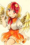  1girl animal_on_head bird bird_on_head bird_tail bird_wings blonde_hair chick commentary_request dress feathered_wings highres maa_(forsythia1729) marker_(medium) multicolored_hair niwatari_kutaka on_head orange_dress photo_(medium) pointing puffy_short_sleeves puffy_sleeves red_eyes redhead shirt short_hair short_sleeves simple_background tail tail_feathers touhou traditional_media two-tone_hair white_shirt wings yellow_wings 