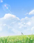  1boy backpack bag boots clouds day field fishing_rod from_side gon_freecss grass highres hunter_x_hunter male_focus outdoors running scenery sky solo spiky_hair sunlight uffie 