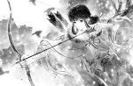 1girl absurdres aiming arrow_(projectile) bird black_hair bow cape fur_cape greyscale highres inuyasha japanese_clothes jiegeng_zhuye kikyou_(inuyasha) miko monochrome priest snow solo string winter 
